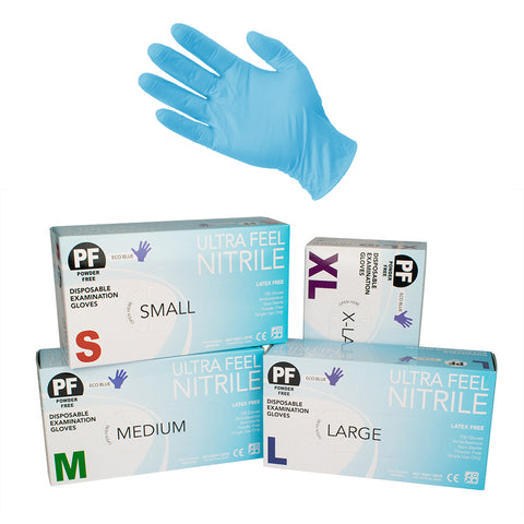 ULTRA FEEL NITRILE GLOVES - MEDICAL BLUE DISPOSABLE POWDER FREE (BOX 100)